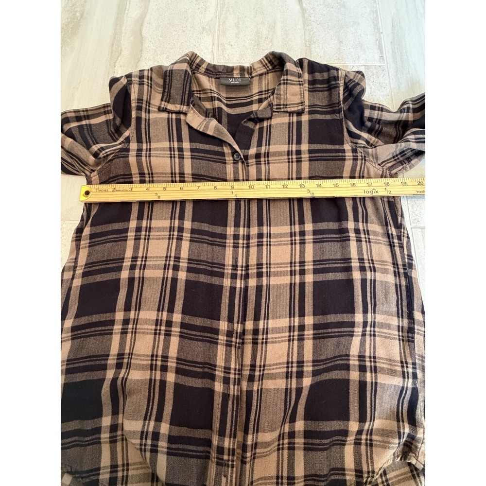 VICI S Brown Black Plaid Button Up Shirt 90s Grunge Dark Academia Fall Casual - Picture 8 of 11